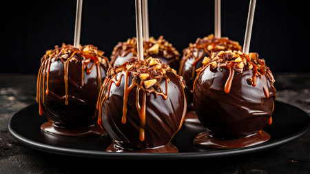 Chocolate candies with caramel and nuts on a black background. Generative AIの素材