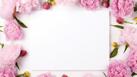 Creative layout made of pink peony flowers on white background. Flat lay, top view, copy space Generative AIの素材