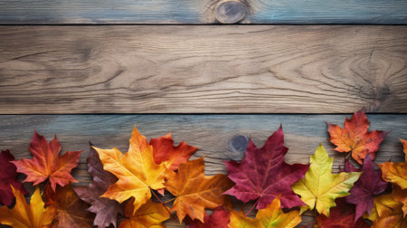 Autumn leaves on wooden background. Top view with copy space. Generative AIの素材