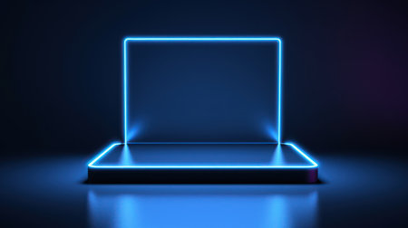 Illuminated neon display stand on dark background. 3D rendering Generative AIの素材