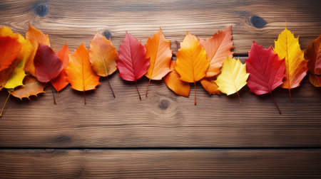 Autumn leaves on a wooden background. Place for your text. Generative AIの素材