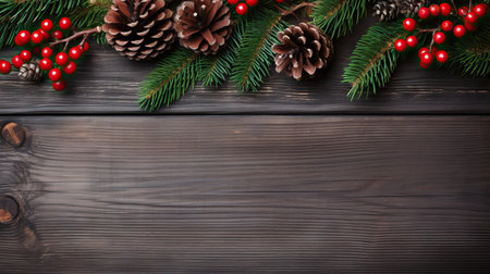 Christmas background with fir branches, pine cones and red berries on wooden board Generative AIの素材