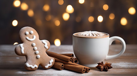 Cappuccino with gingerbread man, cinnamon sticks and star anise on wooden table Generative AIの素材