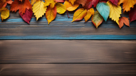 Autumn leaves on wooden background with copy space for your text. Generative AIの素材
