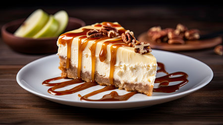 Piece of caramel cheesecake with walnuts on a wooden background Generative AIの素材