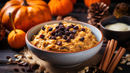 Pumpkin porridge with raisins and nuts in a bowl on a wooden background Generative AIの素材