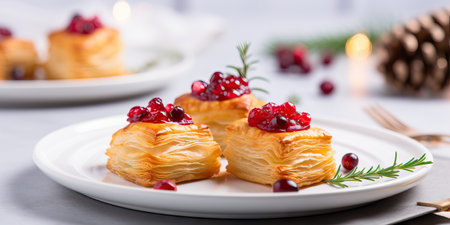 Crepes with cranberries and rosemary on a white plate Generative AIの素材