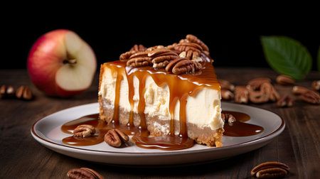 Piece of caramel cheesecake with pecan nuts on wooden background Generative AIの素材