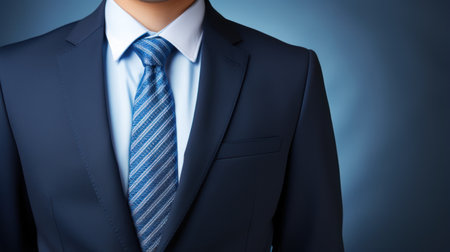 Businessman in blue suit with necktie on blue background, closeup Generative AIの素材