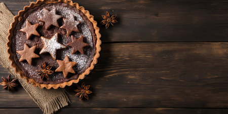 Chocolate tart with star-shaped gingerbread cookies on wooden background Generative AIの素材