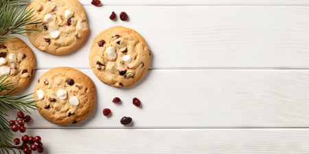 Chocolate chip cookies with cranberries and almonds on white wooden background Generative AIの素材