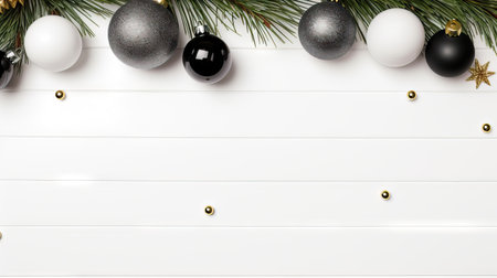 Christmas and New Year background with fir branches and black and white baubles Generative AIの素材