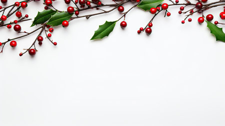Christmas background with holly branches and red berries isolated on white background Generative AIの素材