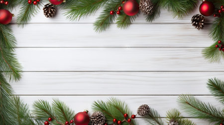 Christmas background with fir branches and red baubles on white wooden planksの素材