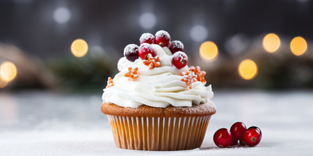 Christmas cupcake with whipped cream and berries on a blurred background. Generative AIの素材