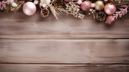 Christmas and New Year decoration on wooden background with copy space. Top view. Generative AIの素材