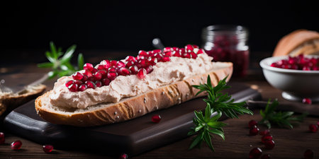 Sandwich with pomegranate and cream cheese on wooden background Generative AIの素材