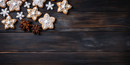 Christmas gingerbread cookies on dark wooden background. Top view with copy space Generative AIの素材