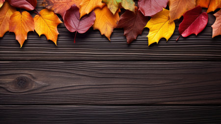 Autumn leaves on wooden background. Top view with copy space. Generative AIの素材