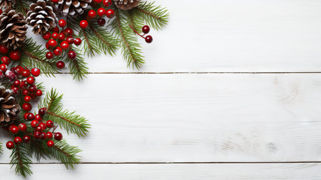 Christmas background with fir tree branches and red berries on white wooden table. Top view with copy space Generative AIの素材