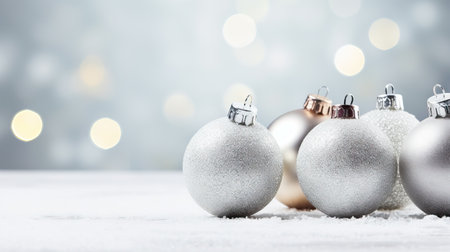 Christmas greeting card with silver baubles on bokeh background Generative AIの素材