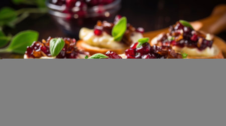 Bruschetta with cranberries, cheese and nuts on wooden background Generative AIの素材