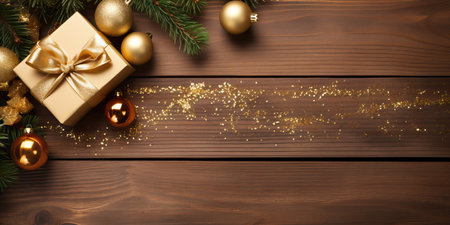Christmas background with golden decorations and fir tree branches on wooden board. Top view with copy space Generative AIの素材