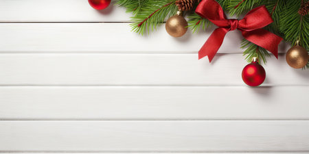 Christmas background with fir tree branches and red baubles on white wooden board Generative AIの素材