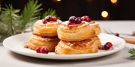 Cream puff pastry filled with raspberries on a white plate Generative AIの素材