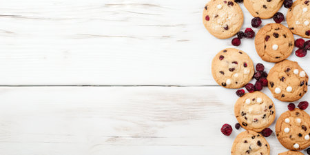 Chocolate chip cookies with raisins on white wooden background. Generative AIの素材