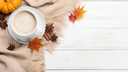 Autumn composition. Cup of coffee with cinnamon, anise, pumpkins and fall leaves on white wooden background. Flat lay, top view, copy space Generative AIの素材
