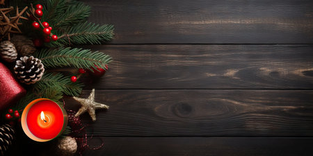 Christmas decoration on dark wooden background. Top view with copy space. Generative AIの素材