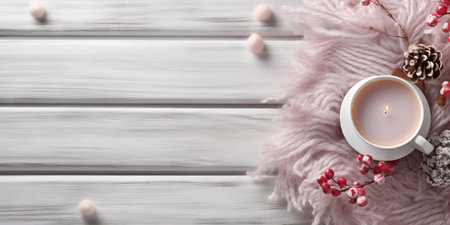 Christmas or New Year background with burning candle, fir branches, pine cones and fluffy plaid. Generative AIの素材