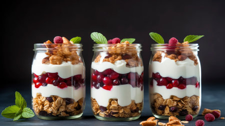 Healthy breakfast with yogurt, granola and berries in glass jars on dark background Generative AIの素材
