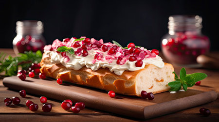 Cake with cream cheese and pomegranate seeds on a wooden board Generative AIの素材