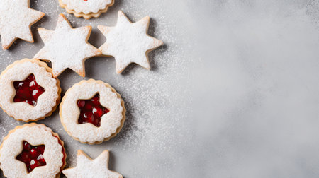 Christmas cookies with jam on a light background, top view, copy space. Generative AIの素材