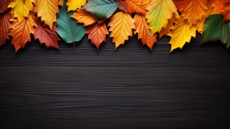 Autumn leaves on black wooden background with copy space for your text Generative AIの素材