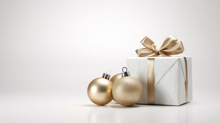 Golden Christmas balls and gift box on white background. 3D illustration. Generative AIの素材