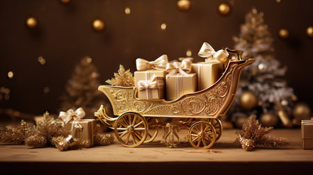Golden Christmas carriage with presents on a wooden background. 3d rendering. Generative AIの素材