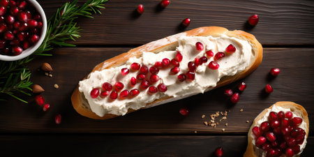 Bread with pomegranate seeds and cream cheese on wooden background Generative AIの素材