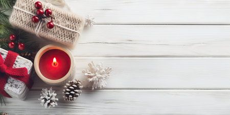 Christmas decoration on white wooden background. Top view with copy space. Generative AIの素材