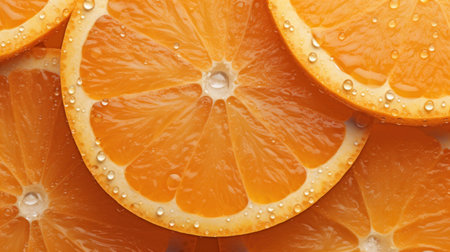 Slices of fresh orange with water drops as background, top view Generative AIの素材