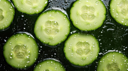 Cucumber slices with water drops on dark background. Top view. Generative AIの素材