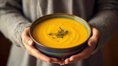 Woman holding a bowl of pumpkin soup with thyme, closeup Generative AIの素材