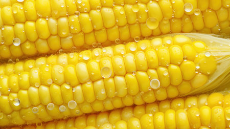 Close up of fresh corn cob with water drops. Whole background. Generative AIの素材