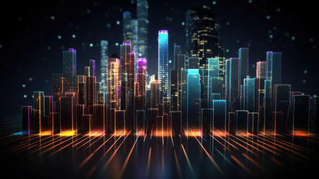 Abstract city background with neon lights. 3D illustration. Futuristic concept. Generative AIの素材