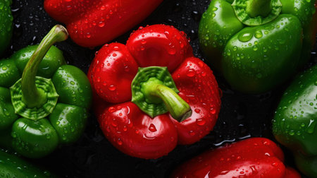 Red and green peppers with water drops on black background, top view Generative AIの素材
