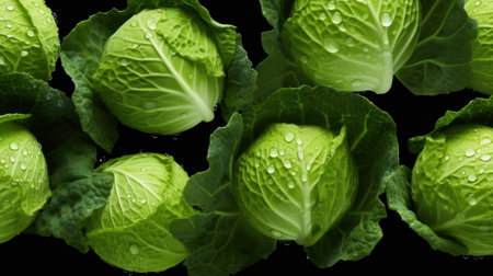 Fresh green cabbage with water drops isolated on black background, top view Generative AIの素材