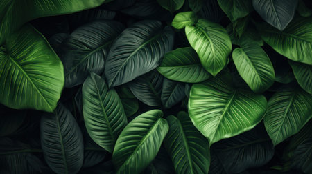 Dark green tropical leaves background. Exotic foliage pattern. illustration Generative AIの素材