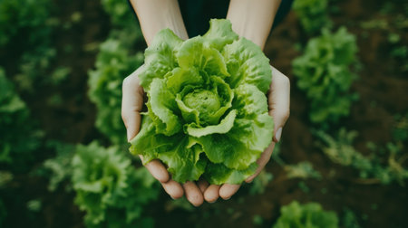 Cropped image of young woman holding fresh green lettuce in her hands Generative AIの素材